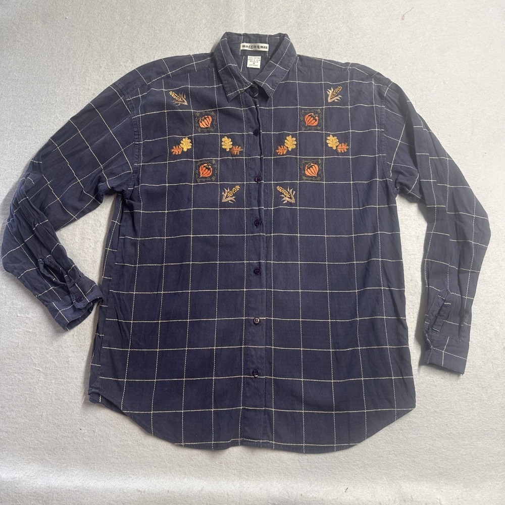Maggie & Max Womens Navy Blue Cotton Embroidered Fall Harvest Button Down Shirt